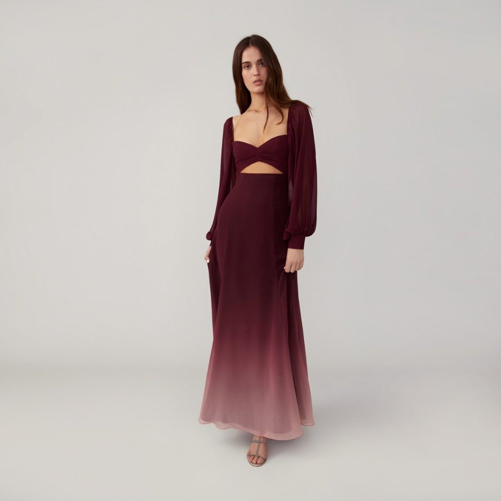 Burgundy Ombre Bell Sleeve Cut Out Maxi Dress